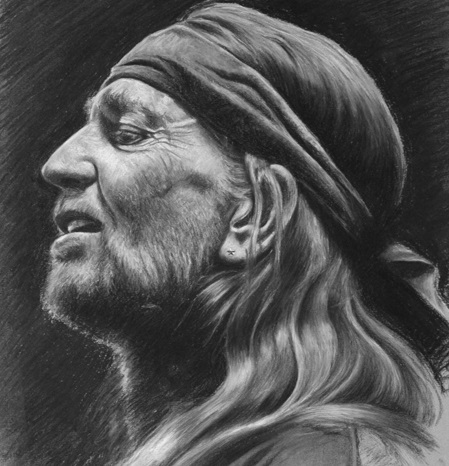 Willie Nelson<br>Charcoal and White Pastel<br>420x594mm